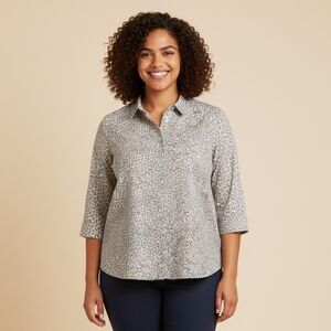 Chico's NO-IRON Cotton Leopard-Print Pocket-Detail Shirt Size 2 L 12/14